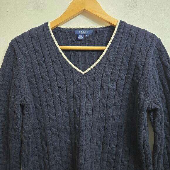 Chaps Women Preppy Classic Academia Tennis Ivy League Cable Knit VNeck Sweater M - Picture 2 of 11